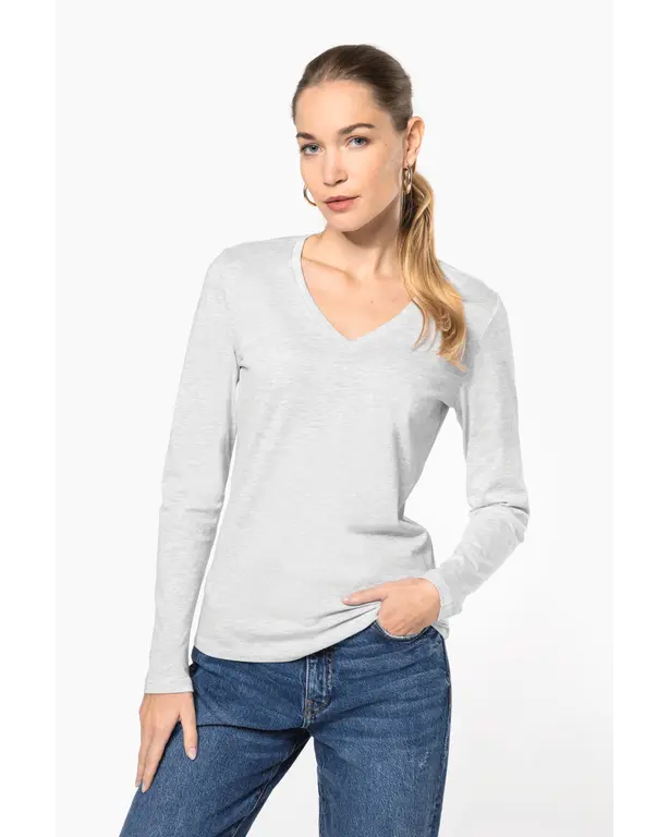 T-shirt met V-hals en lange mouwen