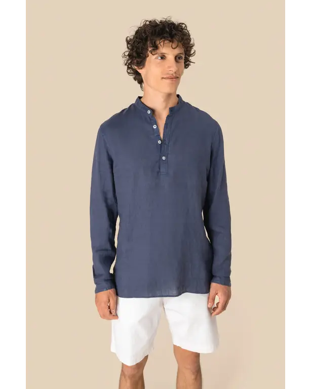 Verbleekte linnen Mao-kraag shirt